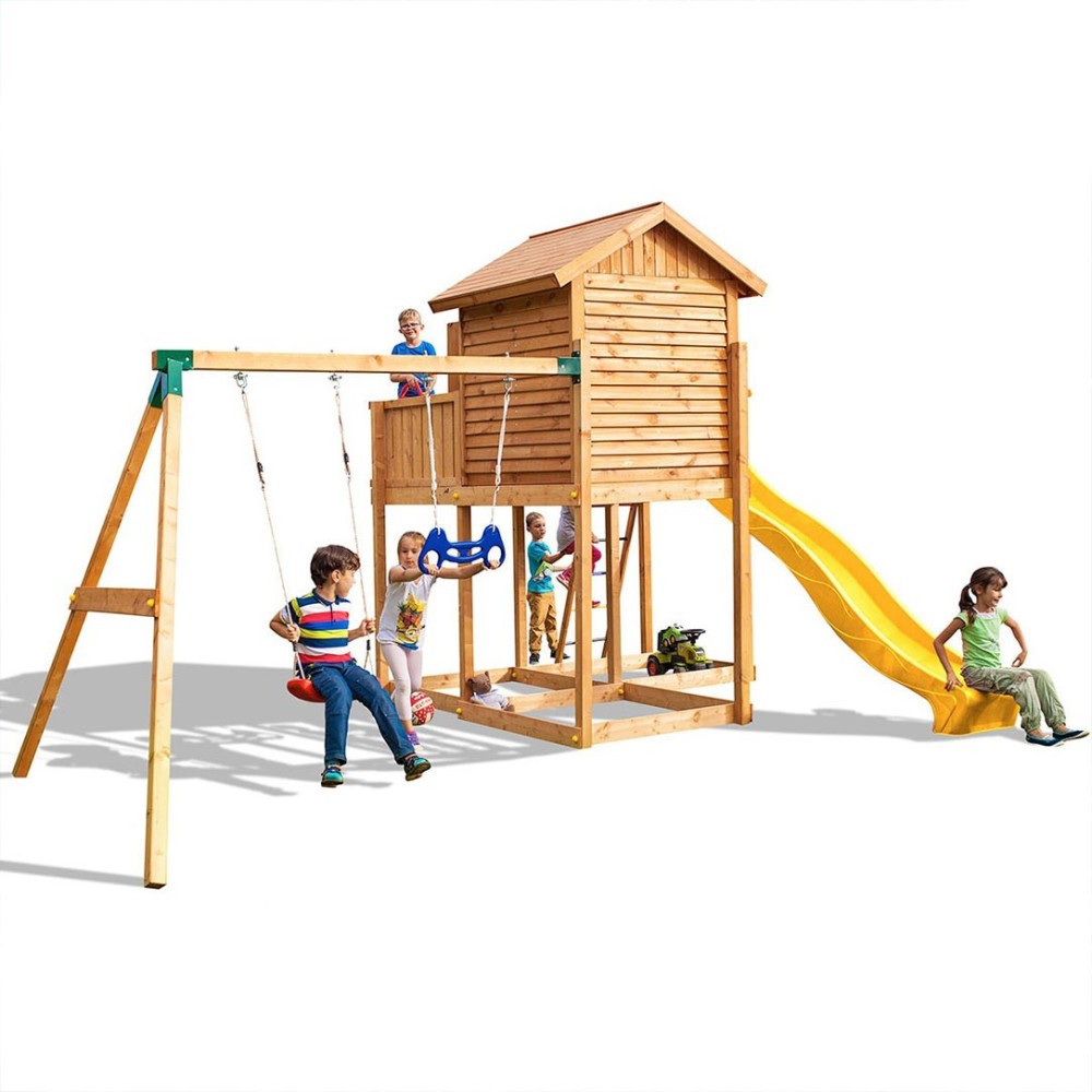 Casetta in legno bambini con scivolo e altalena Fungoo® Move MySIDE gioco in legno per giardino