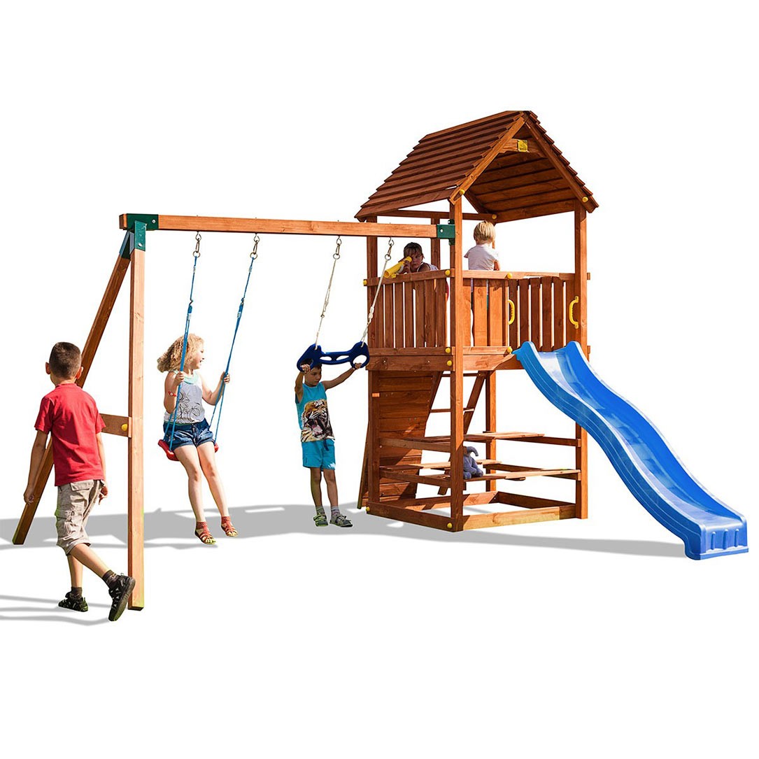 Parco giochi con altalena e tavolo da picnic in legno Fungoo JOY MOVE + STEP ON FREE TIME gioco in legno per giardino