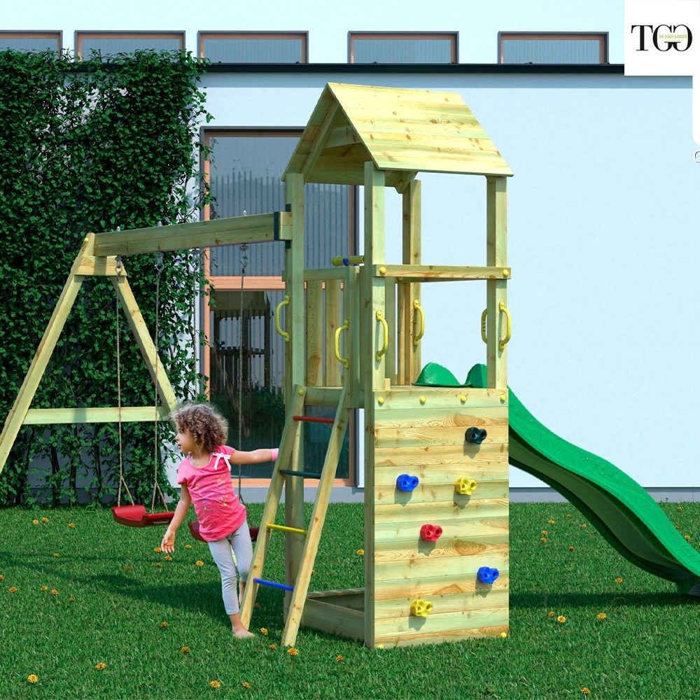 Altalena e Scivolo Parco giochi con tetto Fungoo FLAPPI giochi da giardino in legno