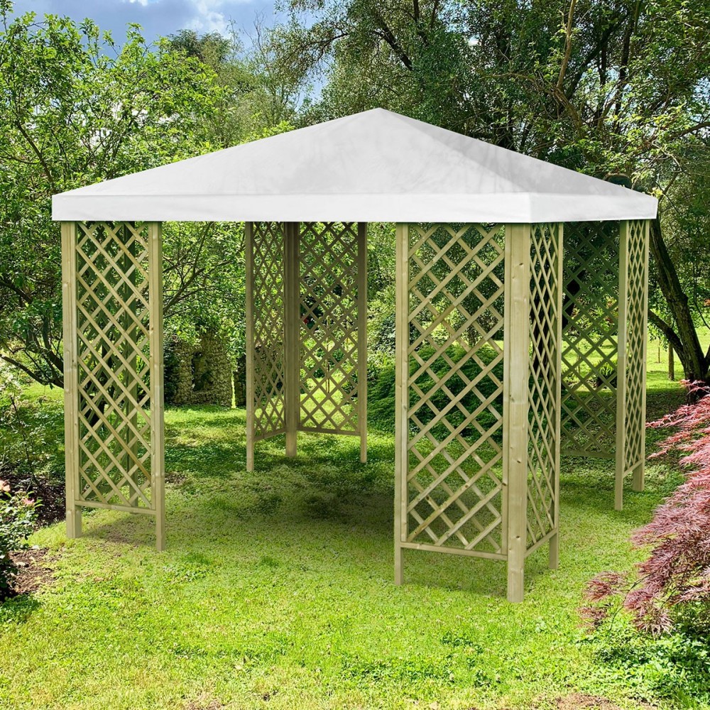Gazebo in legno per giardino Red GT con copertura in PVC 300 x 300 cm ambientato
