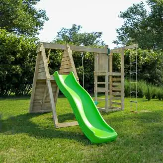 Gioco da giardino in legno Fungoo Climber con arrampicata, scivolo e altalene