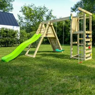 Gioco da giardino in legno Fungoo Climber con arrampicata, scivolo e altalene