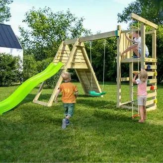 Gioco da giardino in legno Fungoo Climber con arrampicata, scivolo e altalene