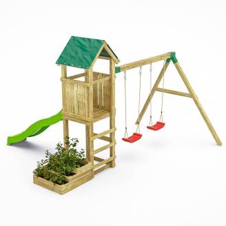 Parco giochi da giardino in legno Fungoo Green Space con Fioriere, Scivolo e Altalene