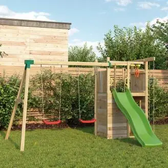 Parco giochi in legno Fungoo Houser con scivolo, due altalene e casetta