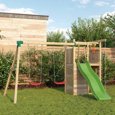 Parco giochi in legno Fungoo Houser con scivolo, due altalene e casetta