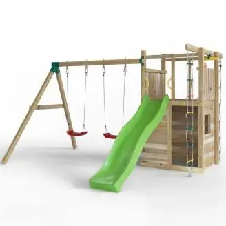 Parco giochi in legno Fungoo Houser con scivolo, due altalene e casetta