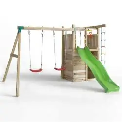 Parco giochi in legno Fungoo Houser con scivolo, due altalene e arrampicata