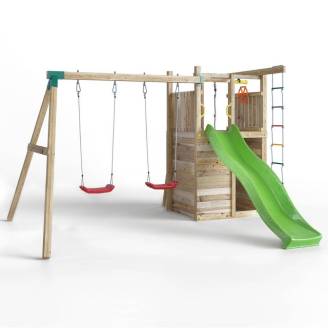 Parco giochi in legno Fungoo Houser con scivolo, due altalene e casetta