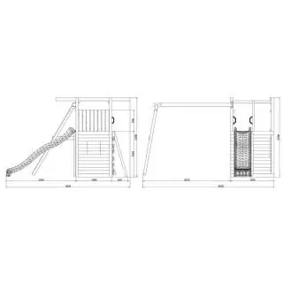 Parco giochi in legno Fungoo Houser con scivolo, due altalene e casetta