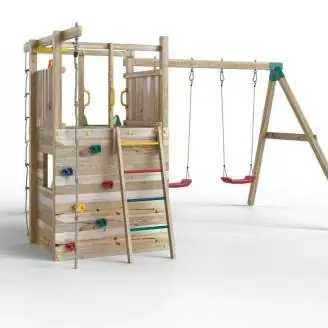 Parco giochi in legno Fungoo Houser con scivolo, due altalene e casetta