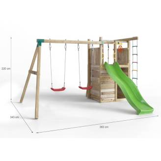 Parco giochi in legno Fungoo Houser con scivolo, due altalene e casetta