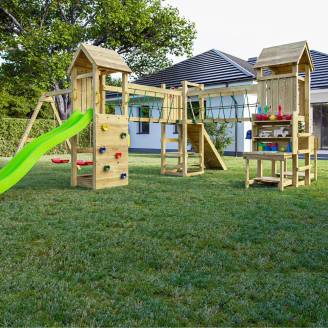 Parco giochi in legno Fungoo Optimizer con scivolo, altalene, arrampicata e cucina per bambini