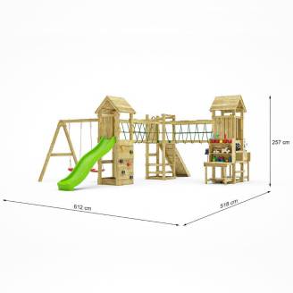 Parco giochi in legno Fungoo Optimizer con scivolo, altalene, arrampicata e cucina per bambini