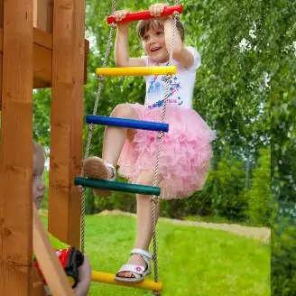 Gioco da giardino in legno Fungoo Climber con arrampicata, scivolo e altalene