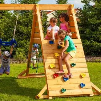 Parco giochi in legno Fungoo Climbing Star 4 con scivolo, sabbiera e arrampicata