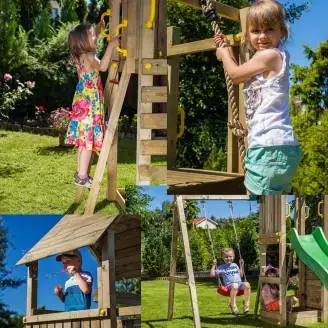 Parco giochi in legno Fungoo Houser con scivolo, due altalene e casetta