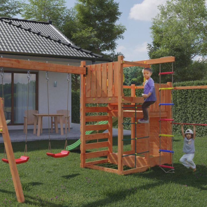 Casetta giardino per bambini con scivolo Fungoo Climbing Star3 gioco in legno per giardino