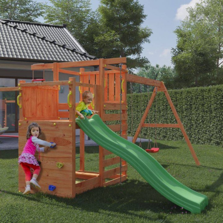 Casetta giardino per bambini con scivolo Fungoo Climbing Star3 gioco in legno per giardino