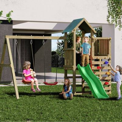 Parco giochi in legno Fungoo Chester con Scivolo, altalena e arrampicata