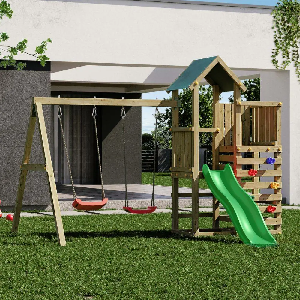 Parco giochi in legno Fungoo Chester con Scivolo, altalena e arrampicata