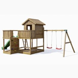 Casetta parco giochi in legno Fungoo Pluto con Scivolo, due altalene, tavolo Picnic, arrampicata e sabbiera