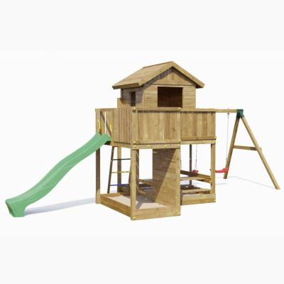 Casetta parco giochi in legno Fungoo Pluto con Scivolo, due altalene, tavolo Picnic, arrampicata e sabbiera