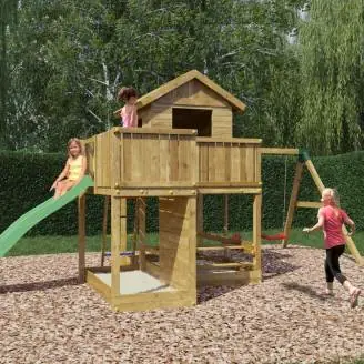Casetta parco giochi in legno Fungoo Pluto con Scivolo, due altalene, tavolo Picnic, arrampicata e sabbiera