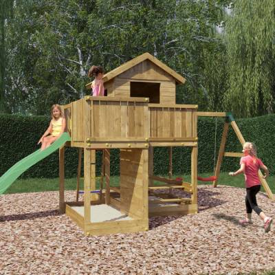Casetta parco giochi in legno Fungoo Pluto con Scivolo, due altalene, tavolo Picnic, arrampicata e sabbiera
