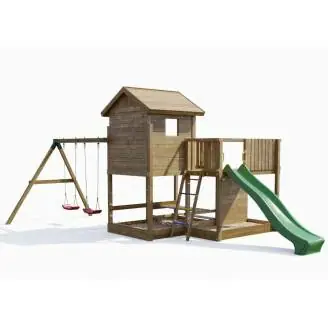 Casetta parco giochi in legno Fungoo Pluto con Scivolo, due altalene, tavolo Picnic, arrampicata e sabbiera