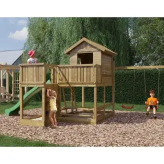 Casetta parco giochi in legno Fungoo Pluto con Scivolo, due altalene, tavolo Picnic, arrampicata e sabbiera