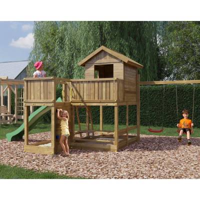 Casetta parco giochi in legno Fungoo Pluto con Scivolo, due altalene, tavolo Picnic, arrampicata e sabbiera