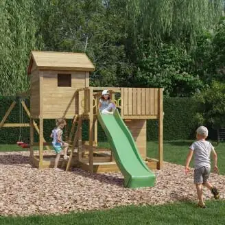Casetta parco giochi in legno Fungoo Pluto con Scivolo, due altalene, tavolo Picnic, arrampicata e sabbiera