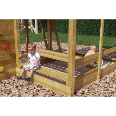 Casetta parco giochi in legno Fungoo Pluto con Scivolo, due altalene, tavolo Picnic, arrampicata e sabbiera