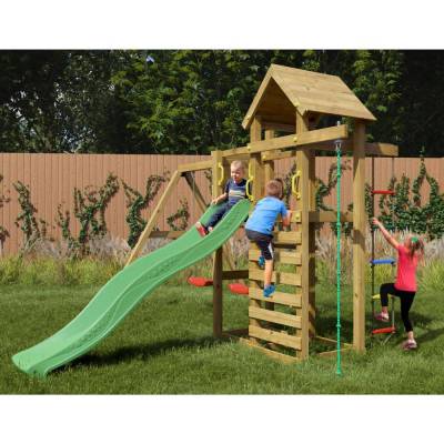 Parco giochi in legno Fungoo Mixter con Scivolo, doppia Altalena e Arrampicata
