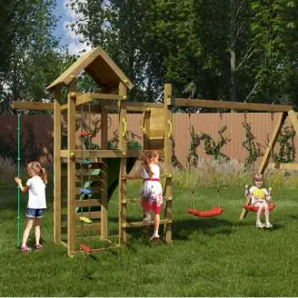 Parco giochi in legno Fungoo Mixter con Scivolo, doppia Altalena e Arrampicata