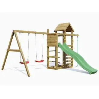 Parco giochi in legno Fungoo Mixter con Scivolo, doppia Altalena e Arrampicata