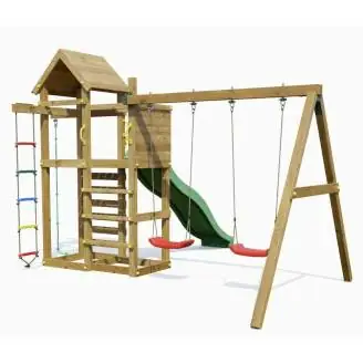 Parco giochi in legno Fungoo Mixter con Scivolo, doppia Altalena e Arrampicata