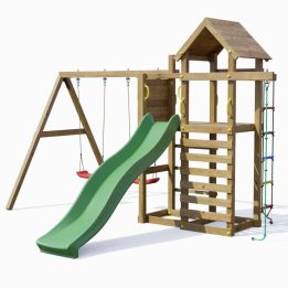 Parco giochi in legno Fungoo Mixter con Scivolo, doppia Altalena e Arrampicata