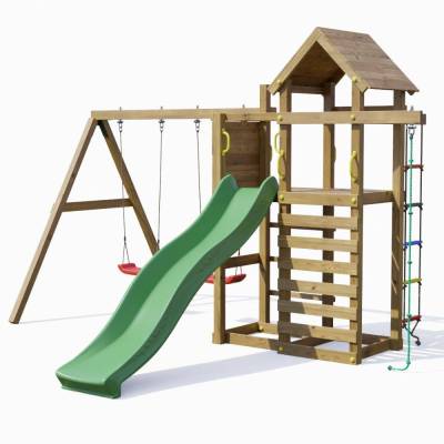 Parco giochi in legno Fungoo Mixter con Scivolo, doppia Altalena e Arrampicata
