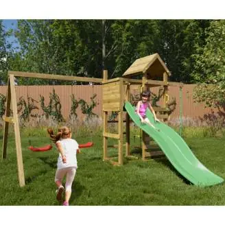Parco giochi in legno Fungoo Mixter con Scivolo, doppia Altalena e Arrampicata