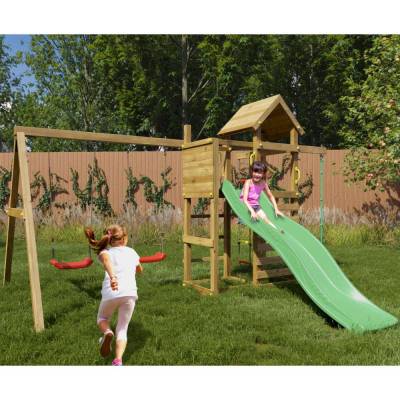 Parco giochi in legno Fungoo Mixter con Scivolo, doppia Altalena e Arrampicata
