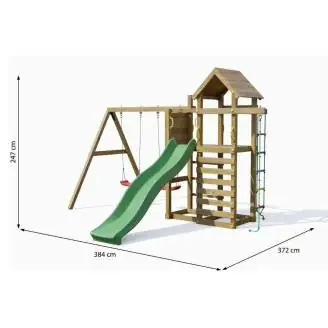 Parco giochi in legno Fungoo Mixter con Scivolo, doppia Altalena e Arrampicata