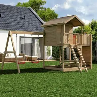 Casetta da giardino per bambini in legno Fungoo Galaxy Moonlight con due altalene e arrampicata