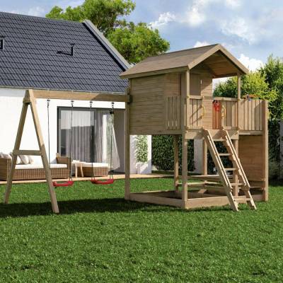 Casetta da giardino per bambini in legno Fungoo Galaxy Moonlight con due altalene e arrampicata