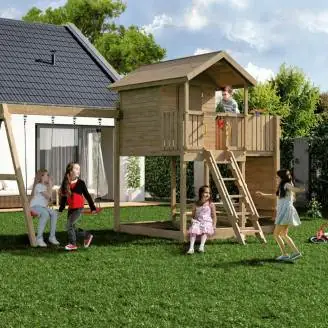Casetta da giardino per bambini in legno Fungoo Galaxy Moonlight con due altalene e arrampicata