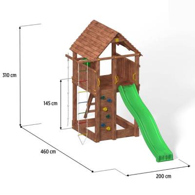 Parco giochi in legno Fungoo FORTRESS Casetta con Scivolo, Arrampicata e Sabbiera