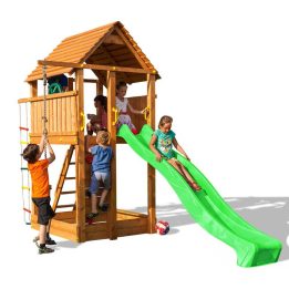 Parco giochi in legno Fungoo FORTRESS Casetta con Scivolo, Arrampicata e Sabbiera