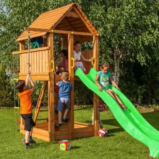 Parco giochi in legno Fungoo FORTRESS Casetta con Scivolo, Arrampicata e Sabbiera