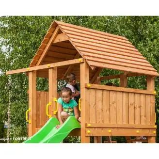 Parco giochi in legno Fungoo FORTRESS Casetta con Scivolo, Arrampicata e Sabbiera